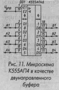 Рис. 11 Микросхема К555АП4 в качестве двунаправленного буфера